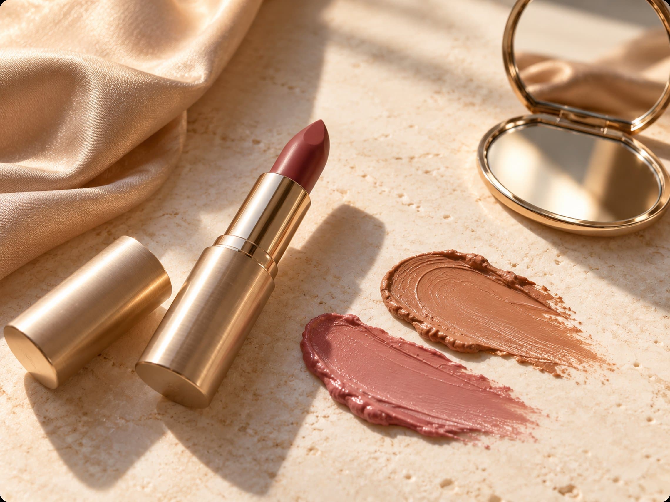 Gold lipstick, compact mirror and lip colour swatches